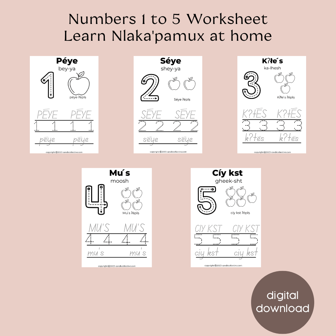 Nłeʔkepmxcin - Numbers 1 to 5 Worksheet - S & K Collective